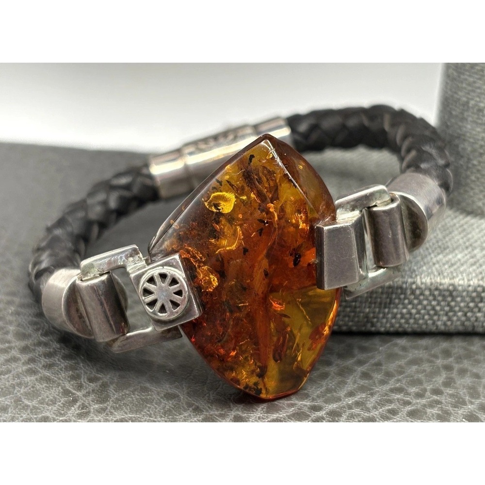 Artisan Rozalia Bali Sterling Silver 1st Chakra Baltic Amber Leather Bracelet